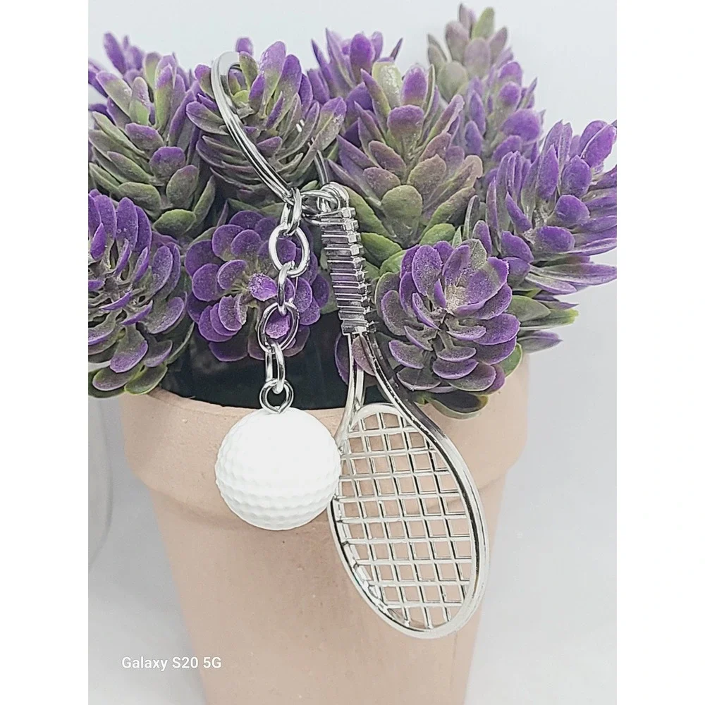 Handmade‎ White Ball Tennis Racket Keychain Silver Tone Women Sport Accessory